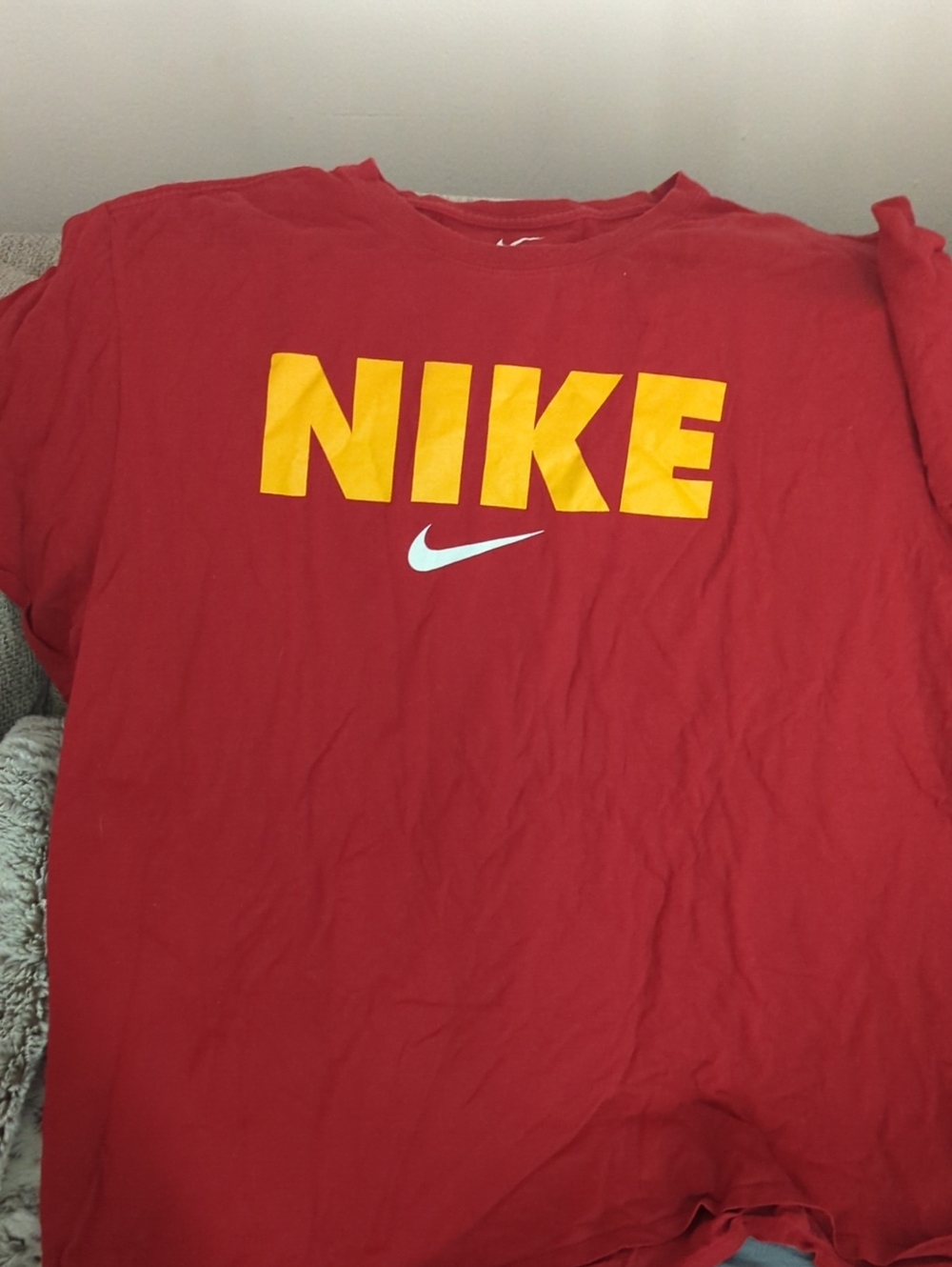 Nike Red Tee with Bold Yellow NIKE and White Swoosh